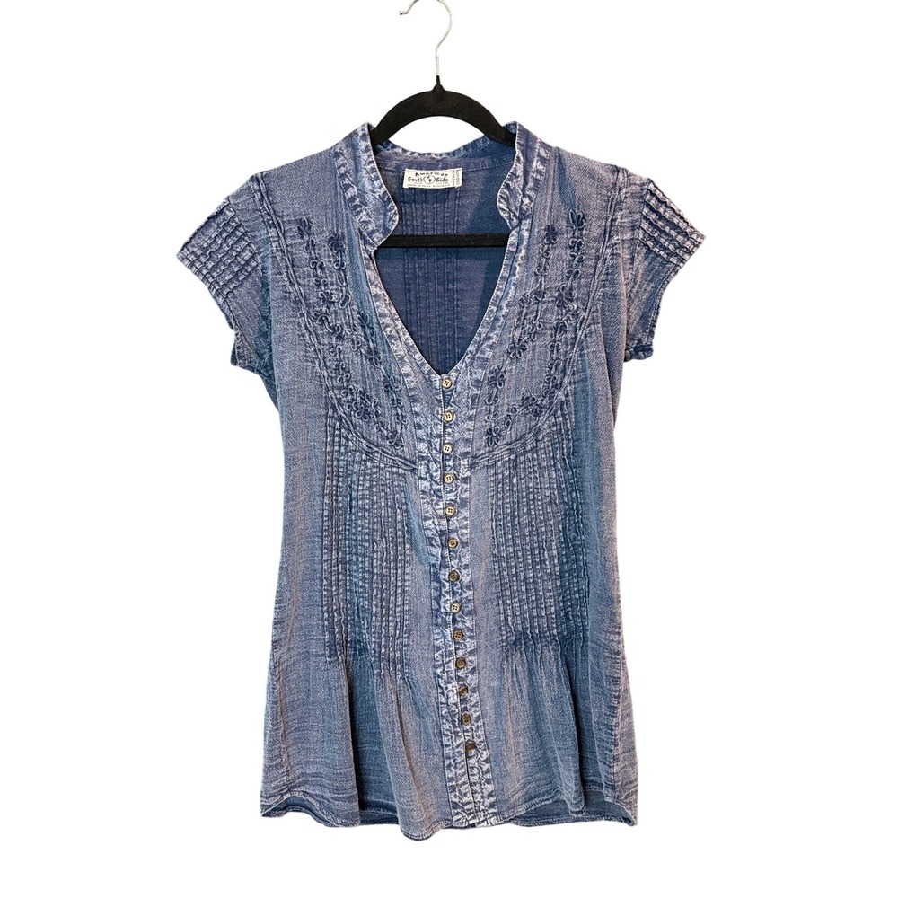 American South Side Blue Embroidered Button Up Top Womens Medium Boho Cotton